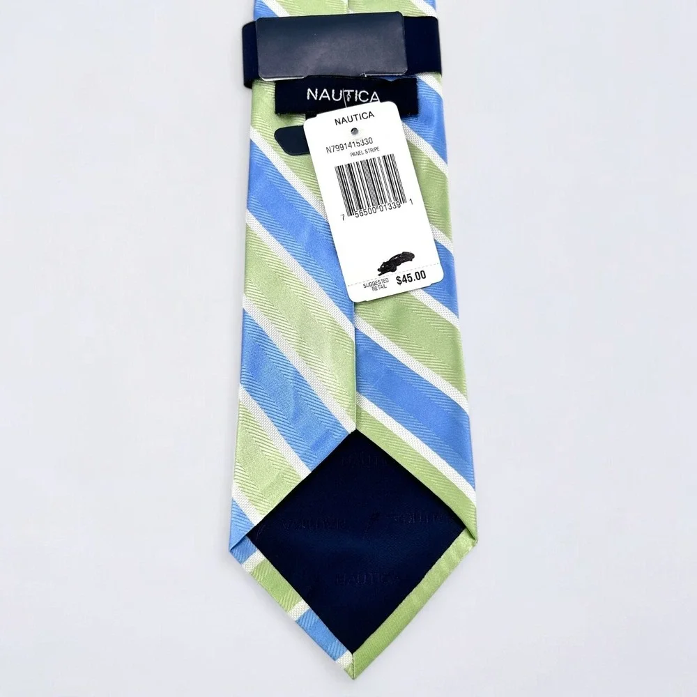 Nautica Necktie Adult Blue Green White Striped 100% Silk Repp Tie NEW